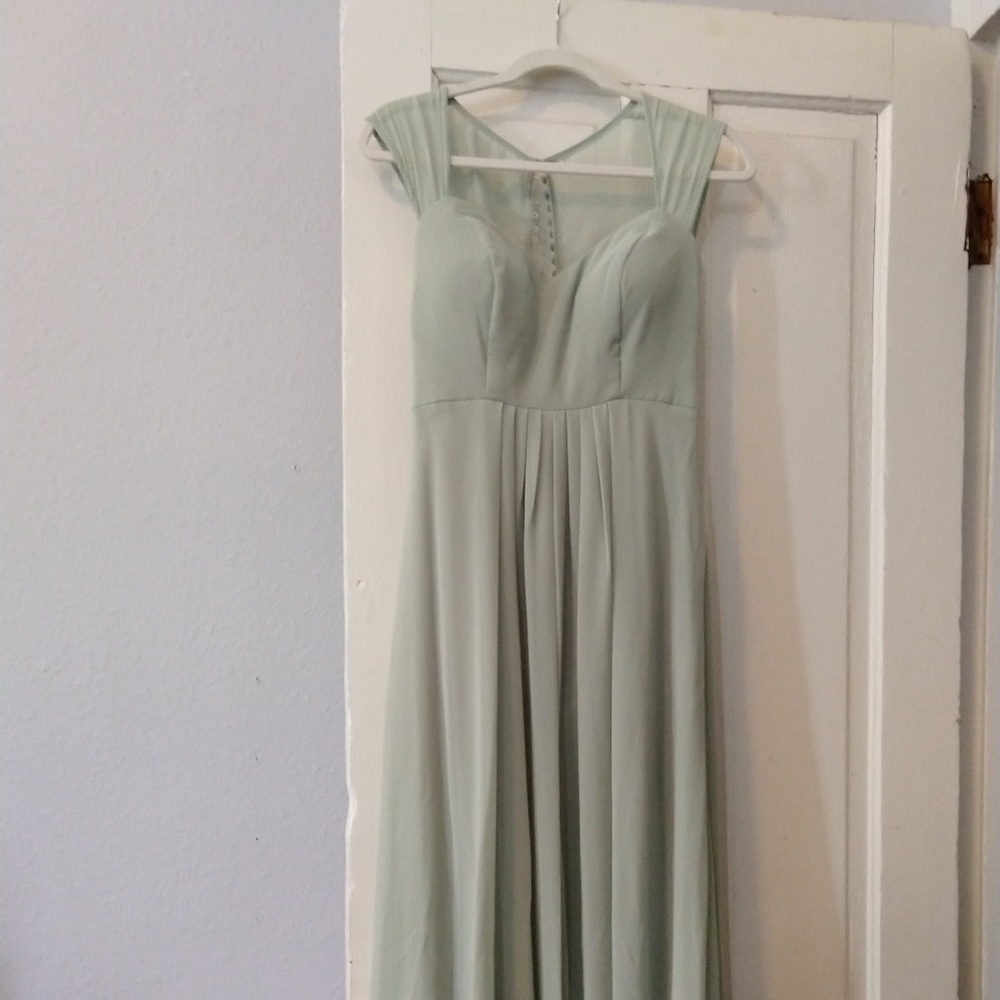 Pale green full length bridesmaid dress